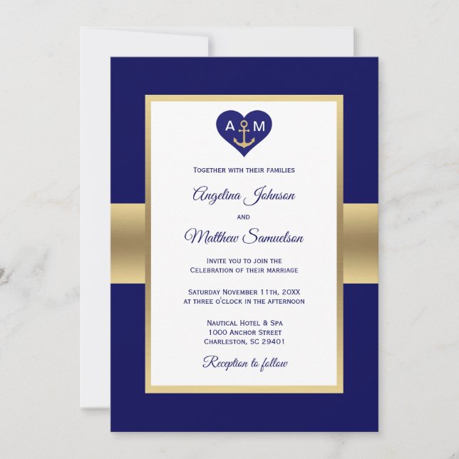 Invitation Elégant Marine Blue Gold Heart Mariage nautique (Devant)