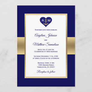 Invitation Elégant Marine Blue Gold Heart Mariage nautique