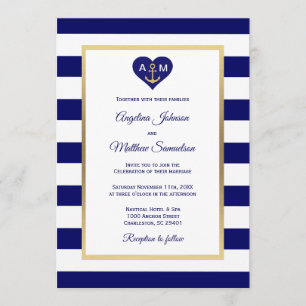 Invitation Elégant Marine Blue Gold Heart Mariage nautique