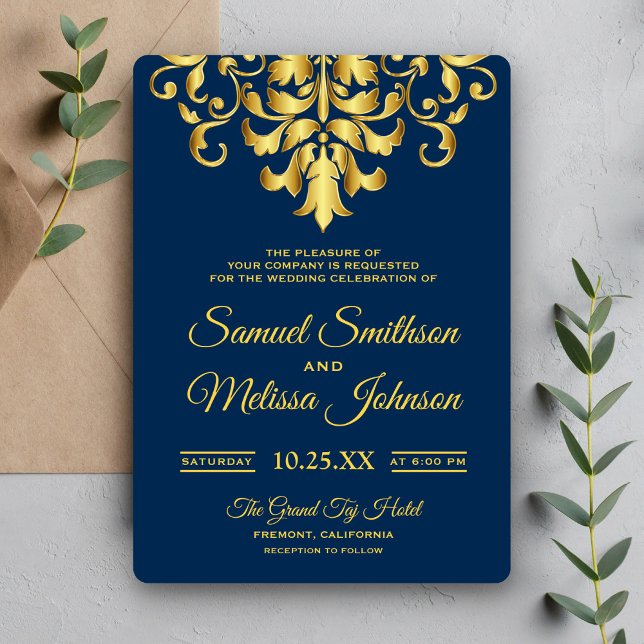 Invitation Elégant Marine Blue Gold Mariage damassé Invitatio (Créateur téléchargé)