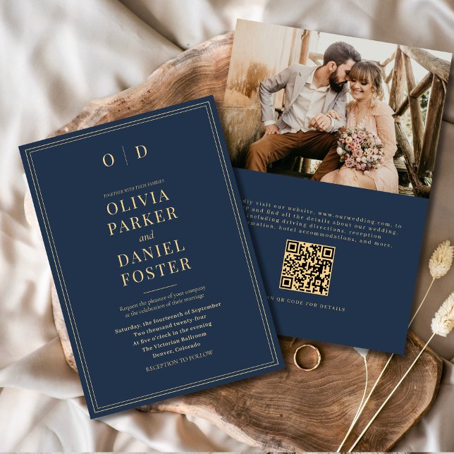 Invitation Elegant Marine Blue Gold Photo QR Code Mariage (Créateur téléchargé)