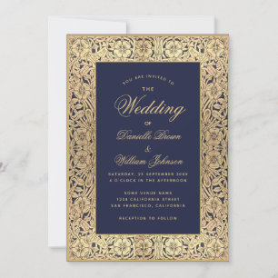 Invitation Elégant Marine Blue Gold Vintage Floral Mariage