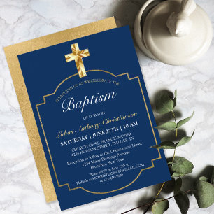 Invitation Elégant Marine Blue Golden Cross Boys Baptême