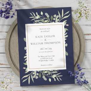 Invitation Elégant Marine Blue Green Feuille Mariage