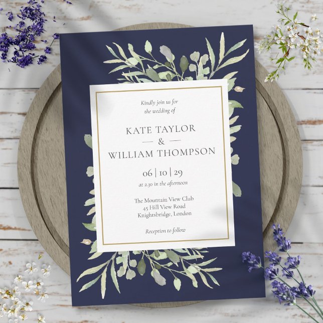 Invitation Elégant Marine Blue Green Feuille Mariage (Elegant Navy Blue Greenery Leaves Wedding Invitation)