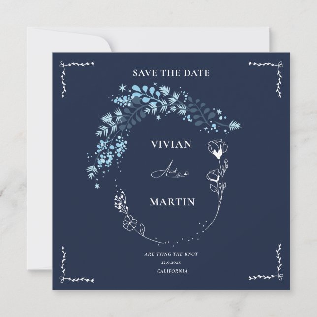 Invitation Elegant Marine BLue Monogramme Enregistrer La Date (Devant)