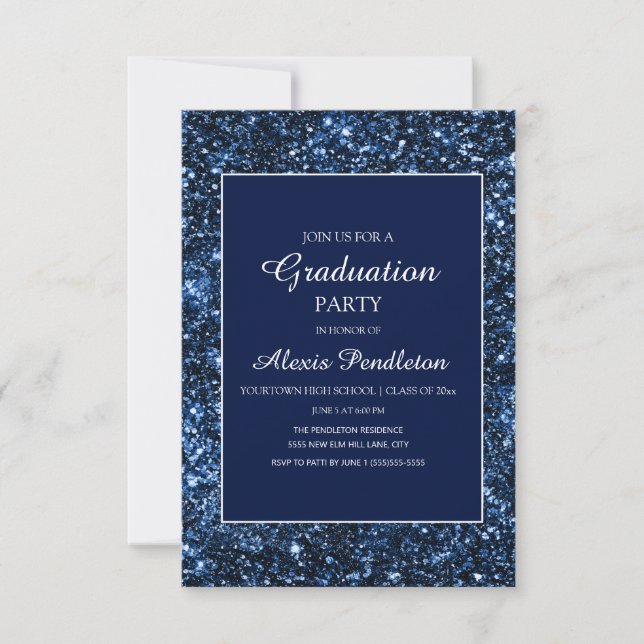 Invitation Elégant Marine Blue Parties scintillant Graduation (Devant)