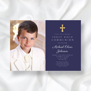 Invitation Elégant Marine Blue Photo Boy First Communion