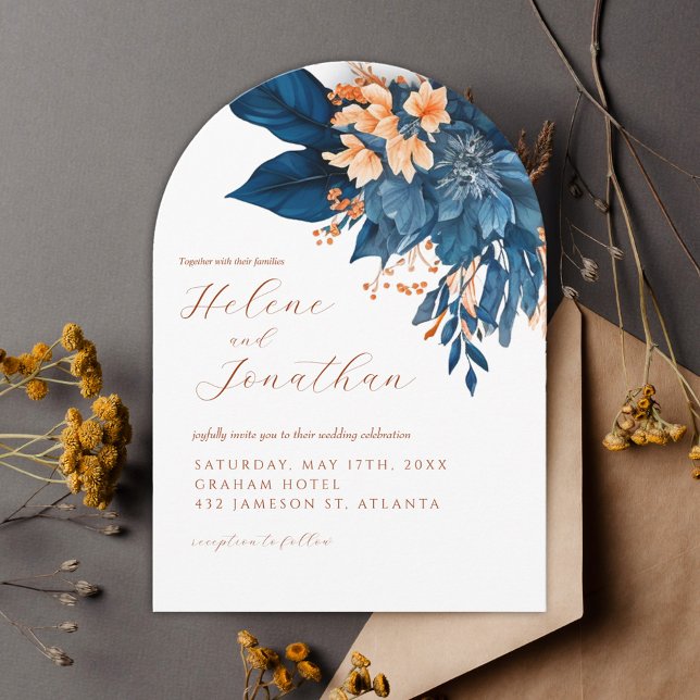 Invitation Elégant Marine Blue Rust Orange Garden Mariage (Elegant Navy Blue Rust Orange Garden Wedding Invitation)