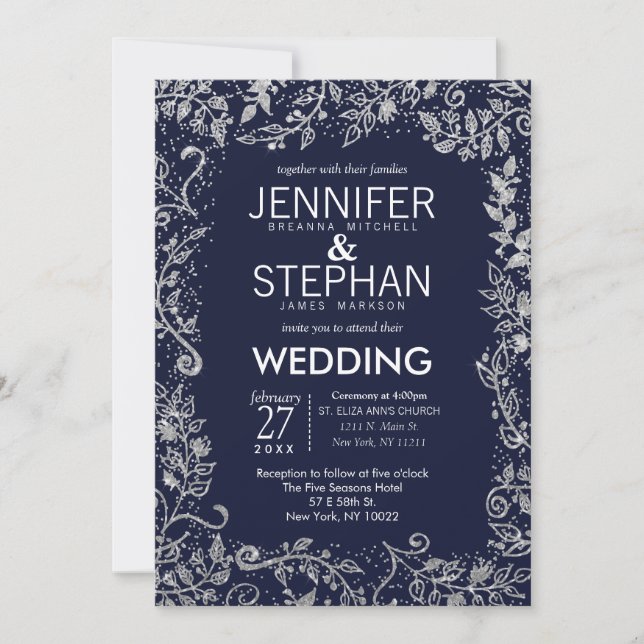 Invitation Elégant Marine Blue Silver Floral Parties scintill (Devant)