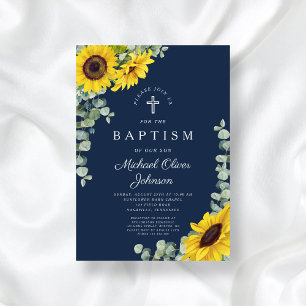 Invitation Élégant Marine Blue Sunflower Cross Baptême