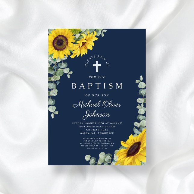 Invitation Élégant Marine Blue Sunflower Cross Baptême (Elegant Navy Blue Sunflower Cross Baptism Invitation)