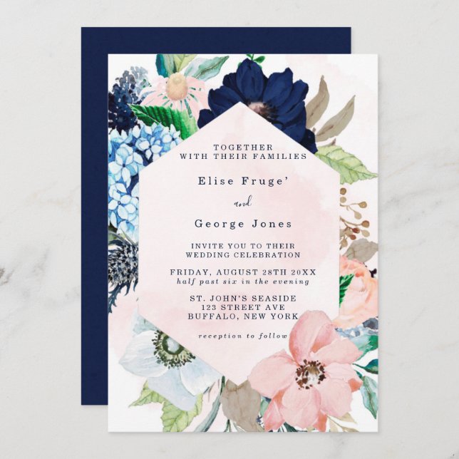 Invitation Elégant Marine Blush Pink Chic Floral Mariage (Devant / Derrière)