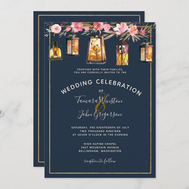 Invitation Elégant Marine Coral Bleu Floral Lumières or (Devant / Derrière)