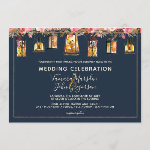 Invitation Elégant Marine Coral bleu Mariage photo floral