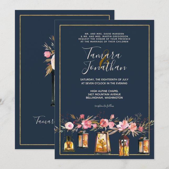 Invitation Elégant Marine Coral Floral Gold Lumières Mariage (Devant / Derrière)