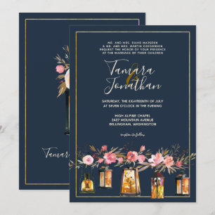Invitation Elégant Marine Coral Floral Gold Lumières Mariage