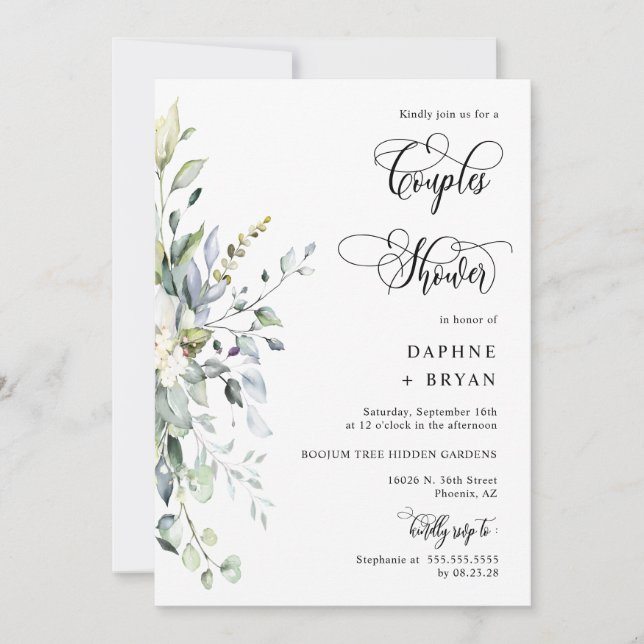 Invitation Elégant Marine Couples de verdure Douche QR Code P (Devant)