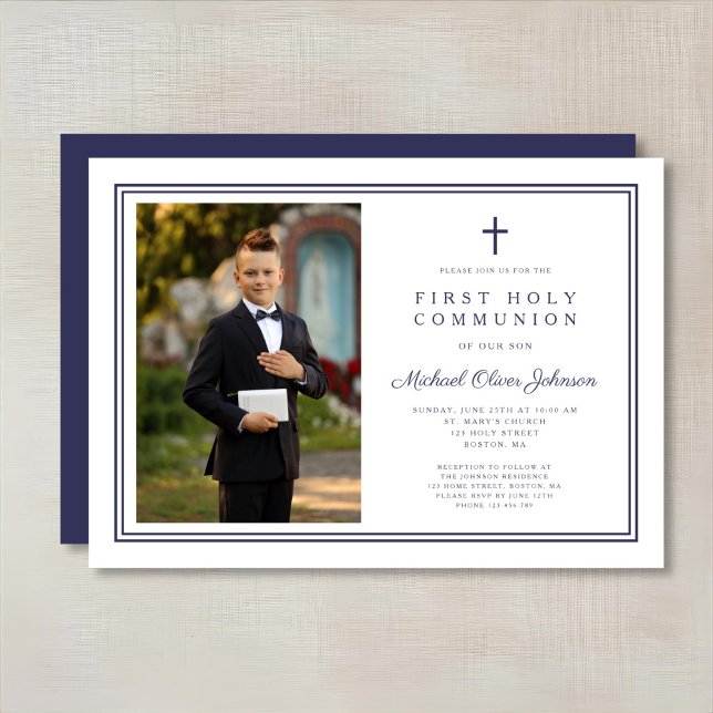 Invitation Elégant Marine Croix Bleue Boy Photo First Communi (Elegant Navy Blue Cross Boy Photo First Communion Invitation)