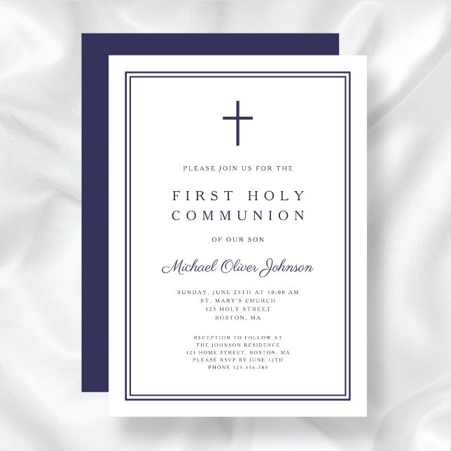 Invitation Elégant Marine Croix Bleue Garçon Première Sainte  (Elegant Navy Blue Cross Boy First Holy Communion Invitation)