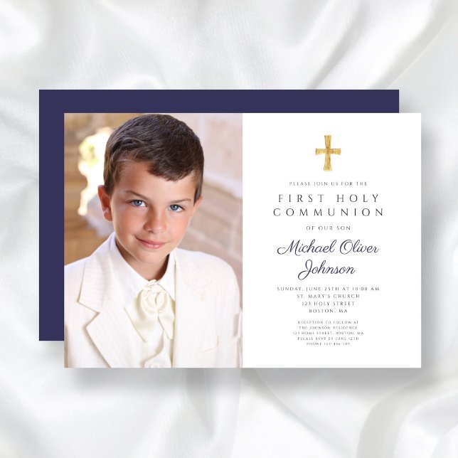 Invitation Elégant Marine Croix Bleue Photo Boy First Communi (Elegant Navy Blue Cross Photo Boy First Communion Invitation)