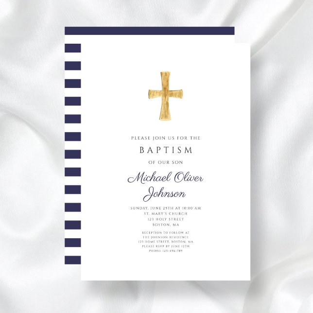 Invitation Elégant Marine Croix Bleue Religieux Garçon Baptêm (Elegant Navy Blue Cross Religious Boy Baptism Invitation)