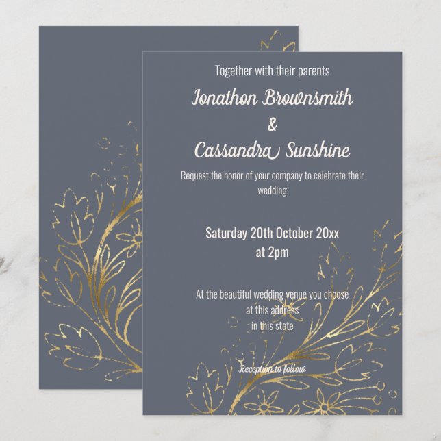INVITATION ELÉGANT MARINE ET MARIAGE DE FEUILLES D'OR (Devant / Derrière)