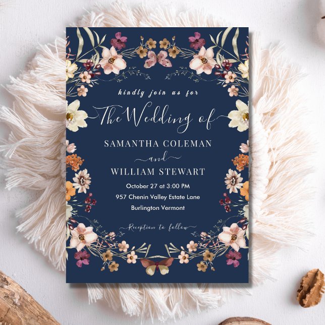 Invitation Elégant Marine Fleur sauvage Boho bleu Mariage mod (Créateur téléchargé)