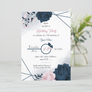 Invitation élégant marine & fleurs roses anniversaire
