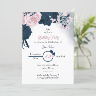 Invitation élégant marine & fleurs roses anniversaire