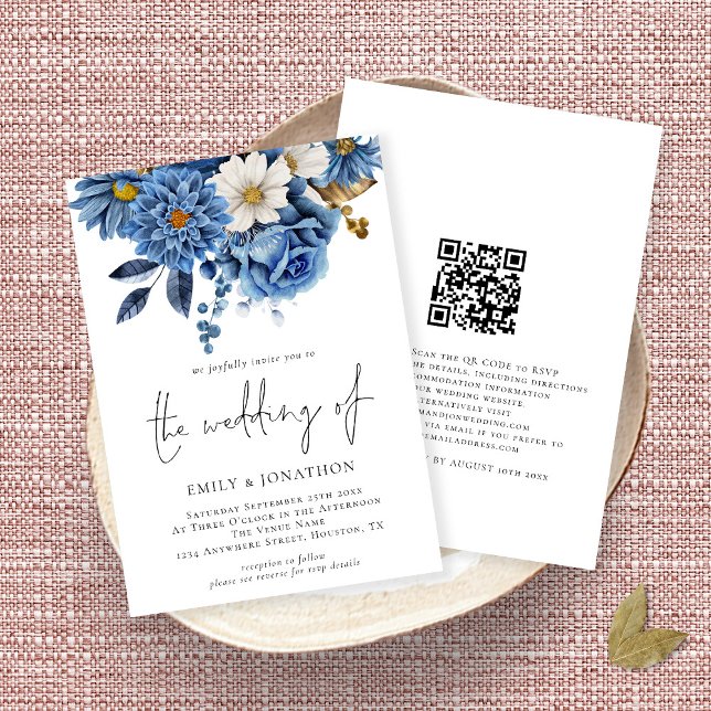 Invitation Élégant Marine Florals or QR Code Mariage (Créateur téléchargé)