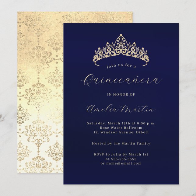 Invitation Elegant Marine Gold Damask Tiara Quinceanera (Devant / Derrière)
