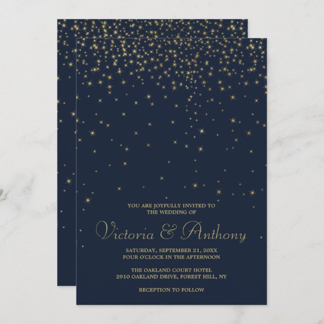Invitation Elégant Marine & Gold Falling Stars Mariage (Devant / Derrière)
