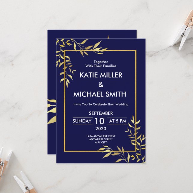 Invitation Elégant Marine & Gold Mariage moderne (Devant/Arrière en situation)