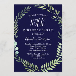 Invitation Elégant Marine Green Watercolor Wreath 80e anniver