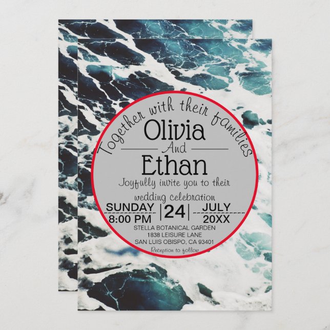 Invitation Elégant Marine Mer Bleue Vagues Mariage côtier (Devant / Derrière)