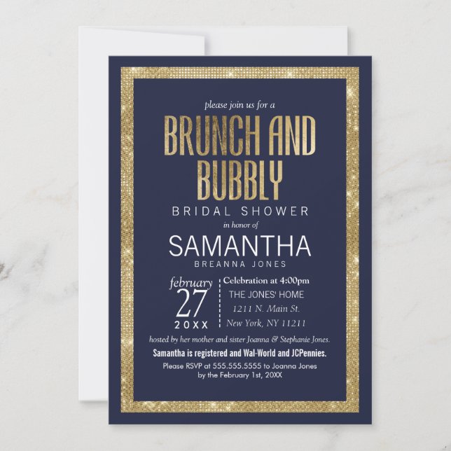 Invitation Elégant Marine Moderne Blue Gold Sequin Brunch Bub (Devant)
