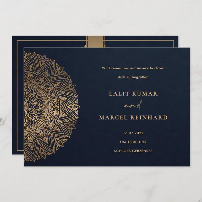INVITATION ELÉGANT MARINE OR CLASSIQUE ORNATE MANDALA MARIAGE (Devant / Derrière)