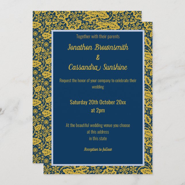 INVITATION ELEGANT MARINE PERIWRINKLE GOLD LEAF MARIAGE (Devant / Derrière)