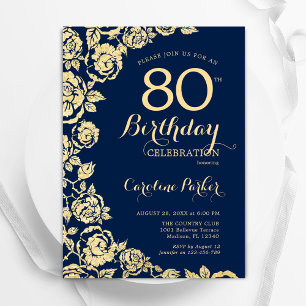 Invitation Elégant Marine Roses d'or bleu 80e anniversaire