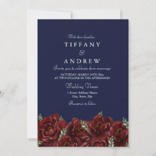 Invitation Elégant Marine Rouge Rose Leaf Mariage moderne Inv