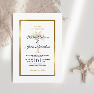 Invitation Elégant Marine White Gold Palm Tree Moderne Mariag
