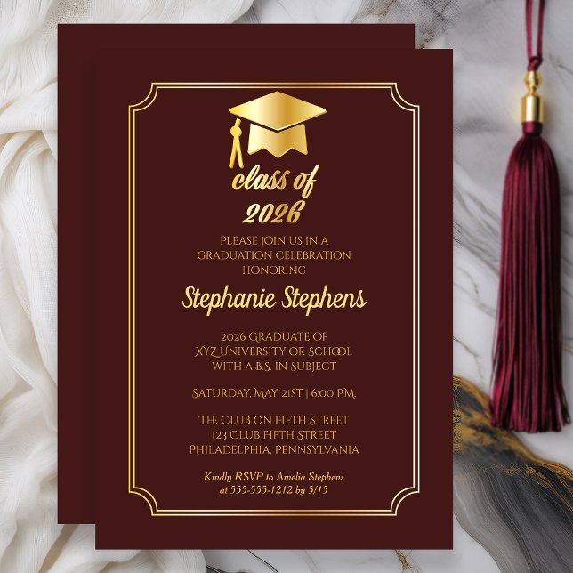 Invitation Elégant Maroon | Gold Casquette College Graduation (Class of 2026 Elegant Maroon Gold College Graduation Party)