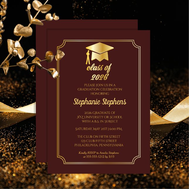 Invitation Elégant Maroon | Gold Casquette College Graduation (Elegant Maroon and Gold Tone Grad Cap College Graduation Party Invitation - Print | Download)