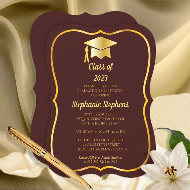 Invitation Elégant Maroon | Gold Casquette Graduation Party (Créateur téléchargé)