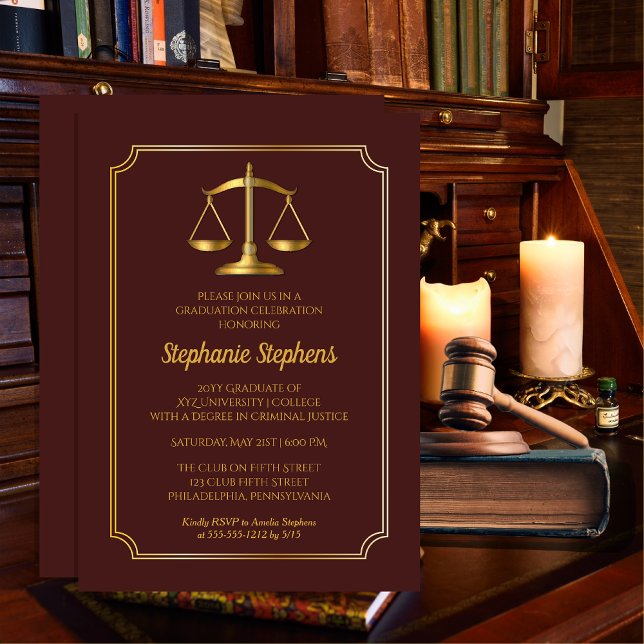 Invitation Elégant Maroon Gold Law Attorney Party (Elegant Maroon and Gold Tone Law Attorney | Lawyer Graduation Announcement | Party Invitation )