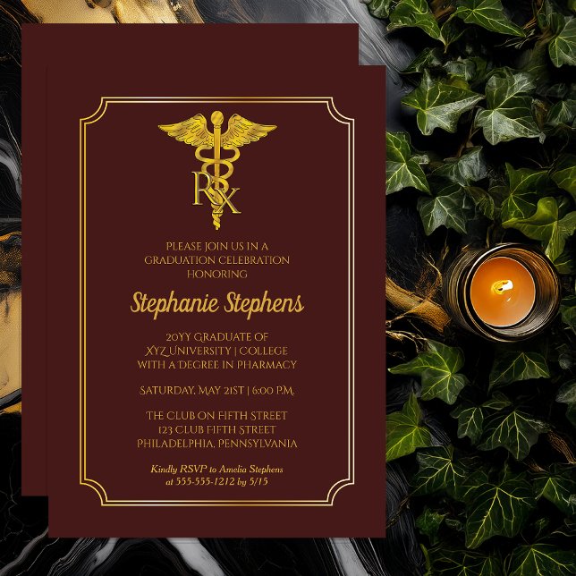 Invitation Elégant Maroon | Gold Rx Pharmacy Graduation Party (Elegant Formal Maroon and Gold Tone Rx Pharmacy Pharmacist Graduation Party Invitation Print Digital)