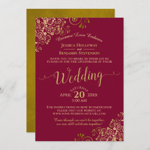 Invitation Elégant Maroon & Gold Virtual Mariage Livestream