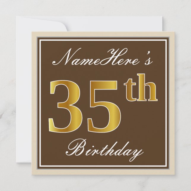 Invitation Elégant, Marron, Or Faux 35e Anniversaire + Nom (Devant)