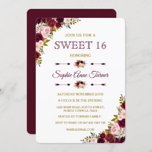 Invitation Élégant Marsala Bourgogne Floral Sweet 16 Invitati